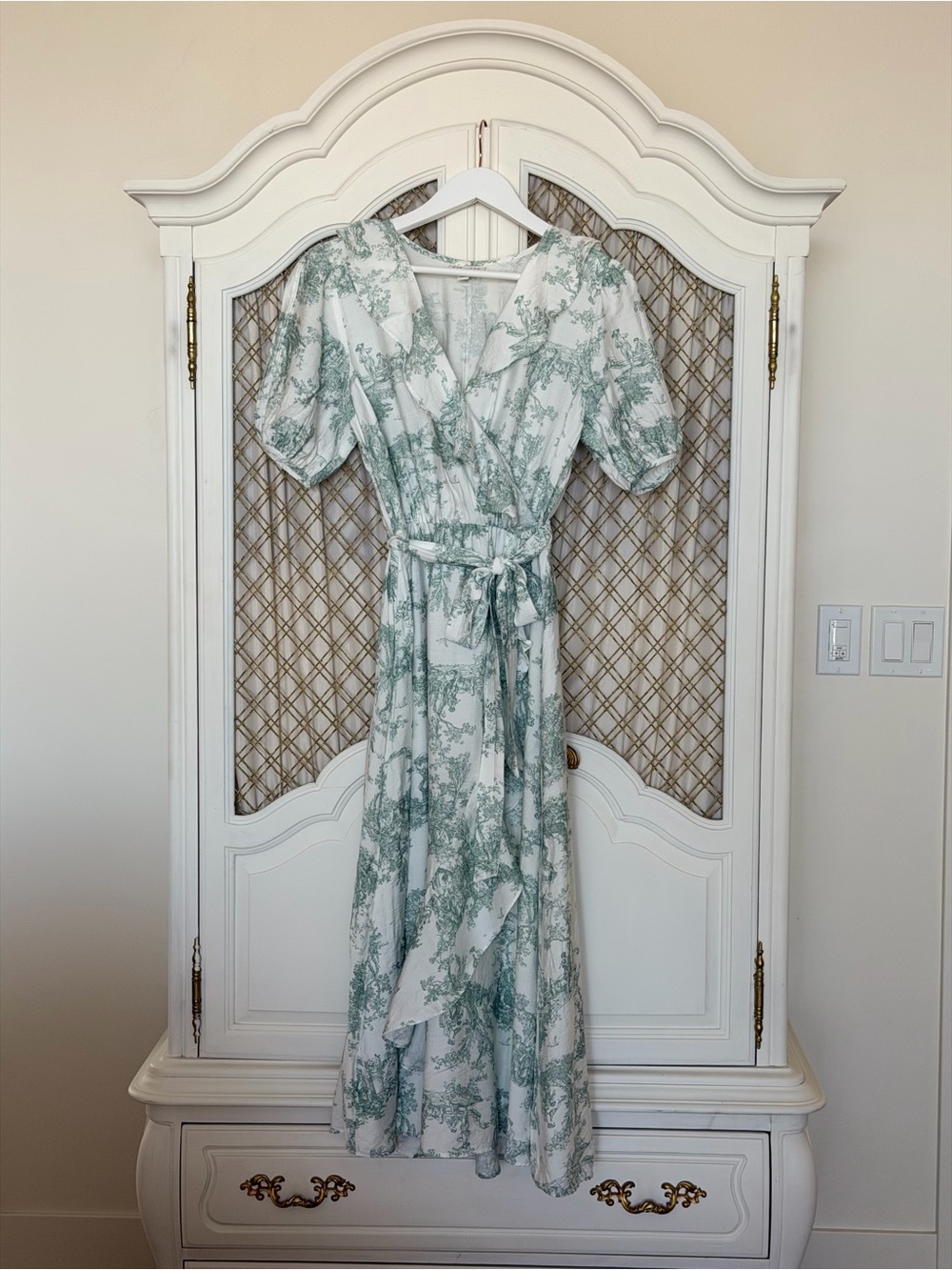 Sage Green Toile Midi Wrap Dress with Belt